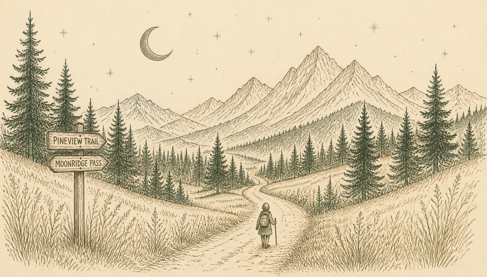 Ręcznie rysowana ilustracja: wędrowiec na górskiej ścieżce, las, drogowskaz, księżyc i gwiazdy